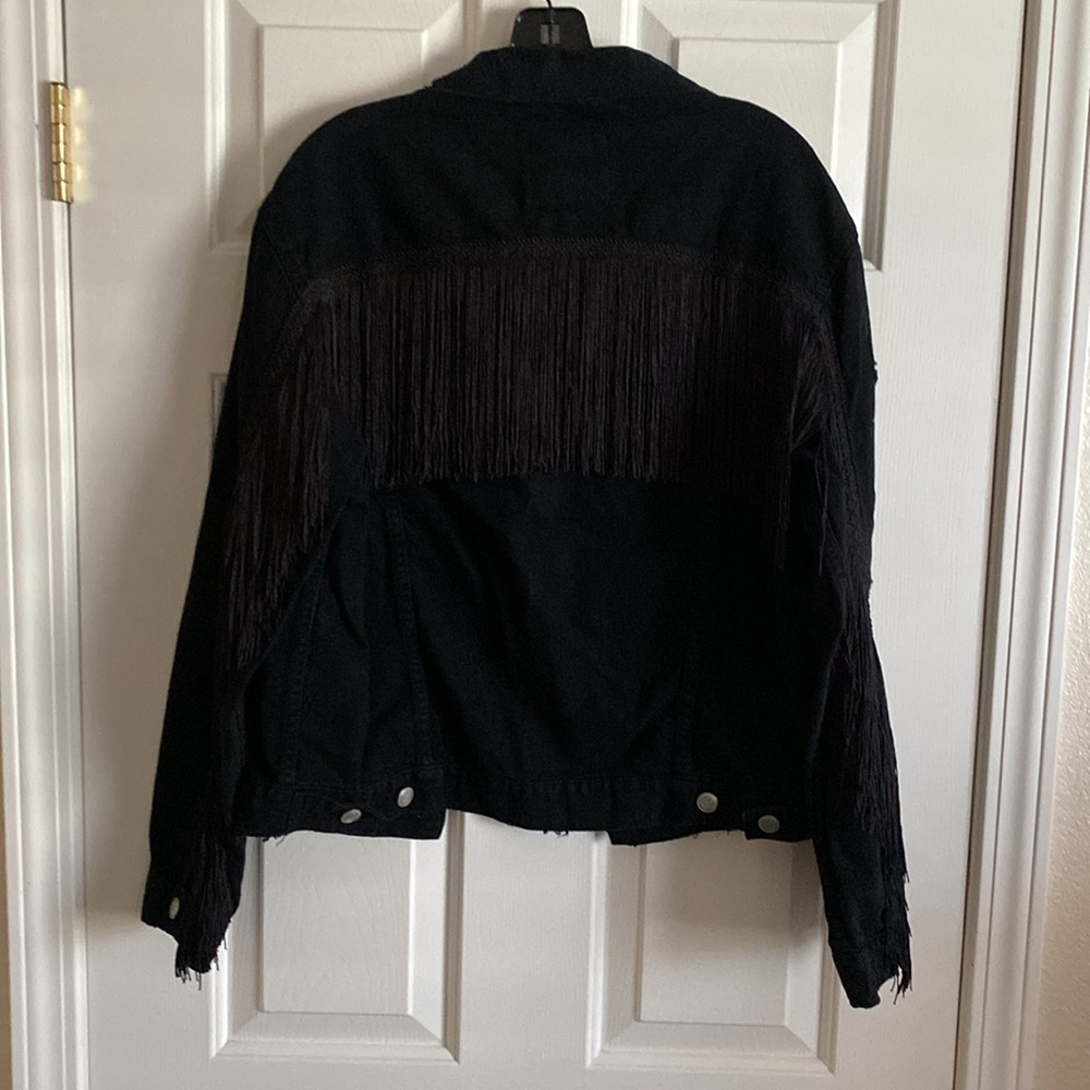 Zara Woman distressed black denim jacket with fringe back down arms - Picture 5 of 12